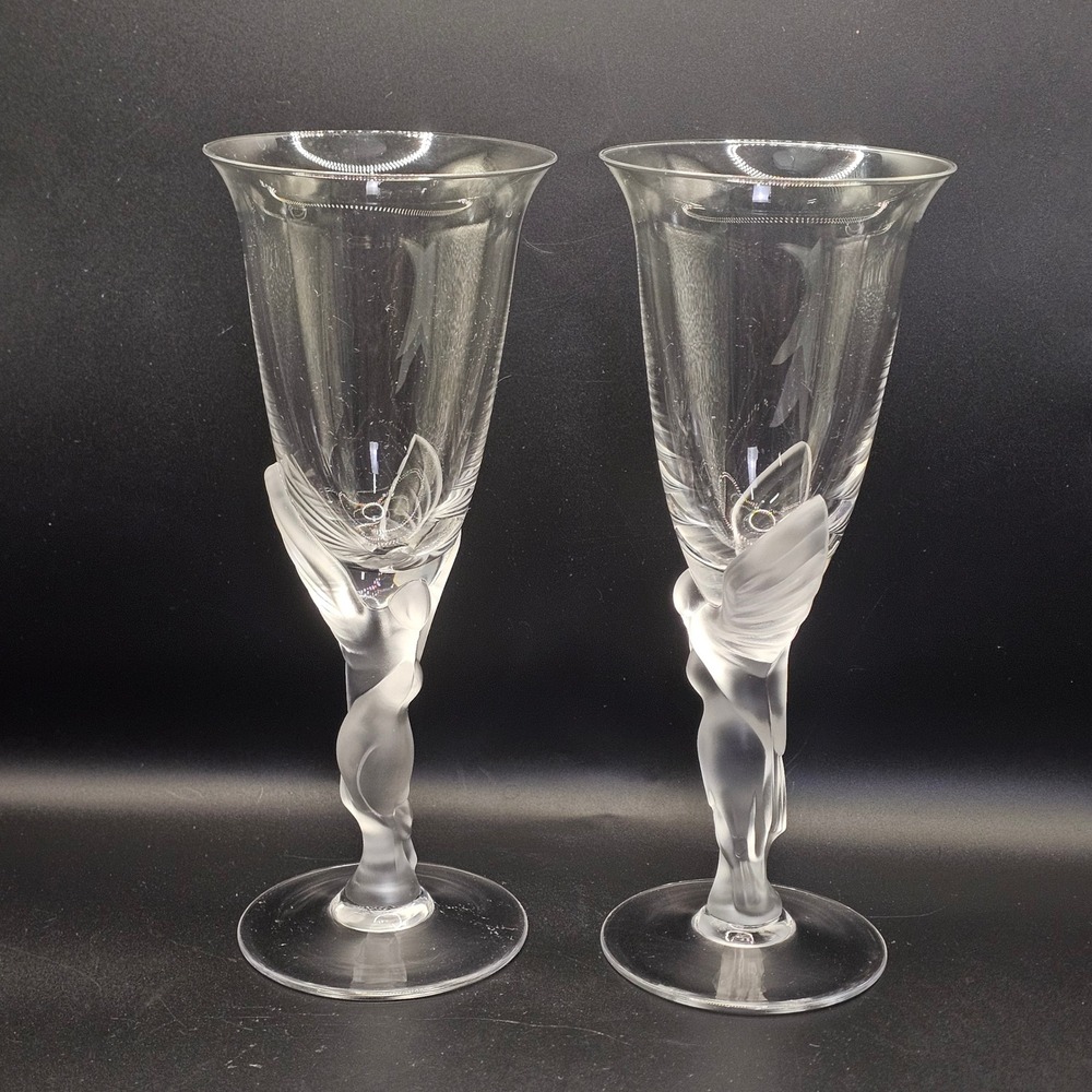Pair Igor Carl Faberge France 8" Crystal Champagne Flutes Frosted Figure Stem